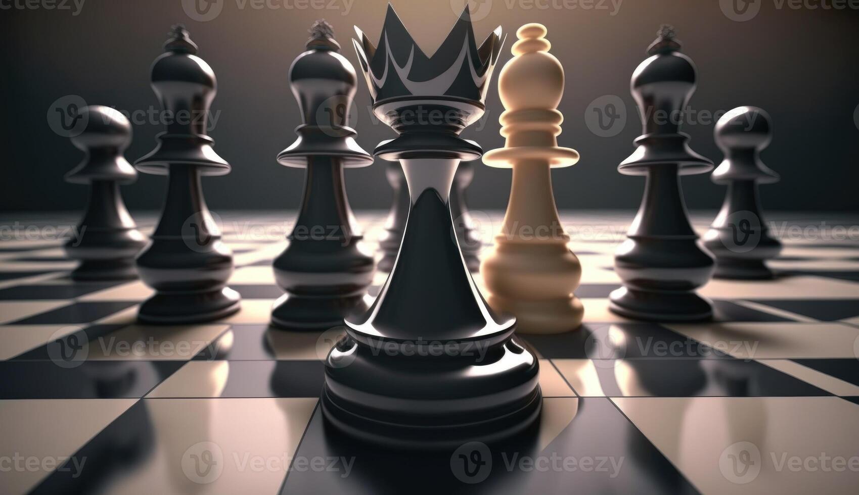 Chess king and pawns on chessboard. 3d illustration photo