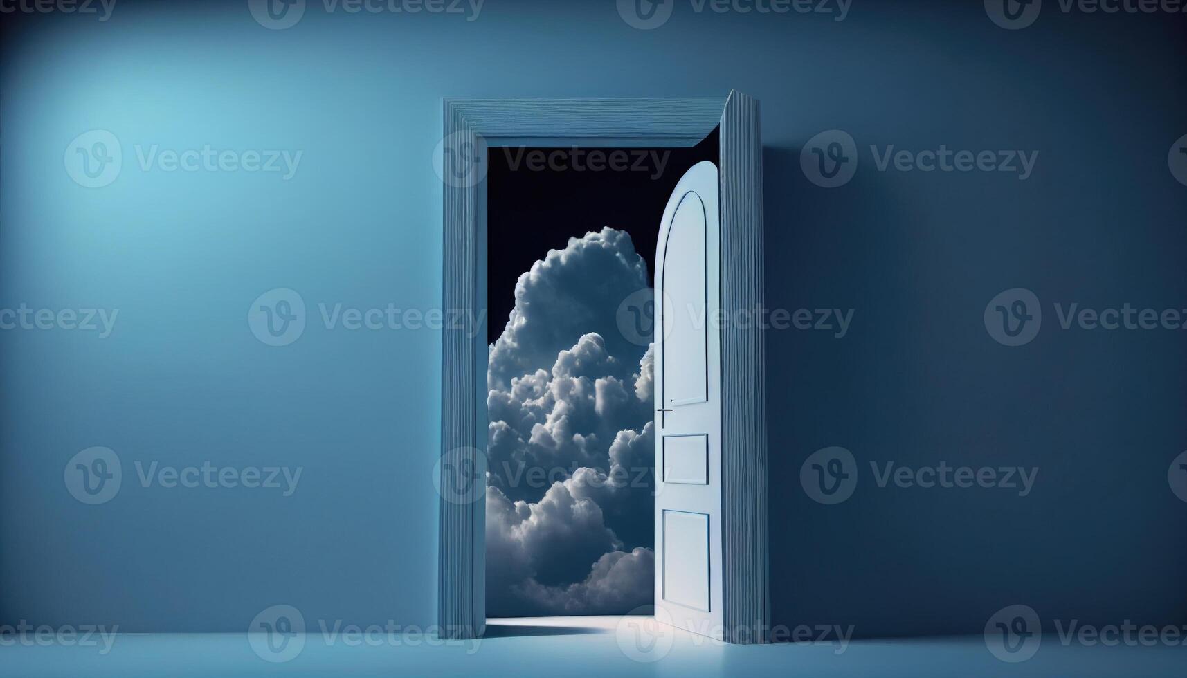 Open door with sky and clouds in the dark blue room. 3D rendering photo