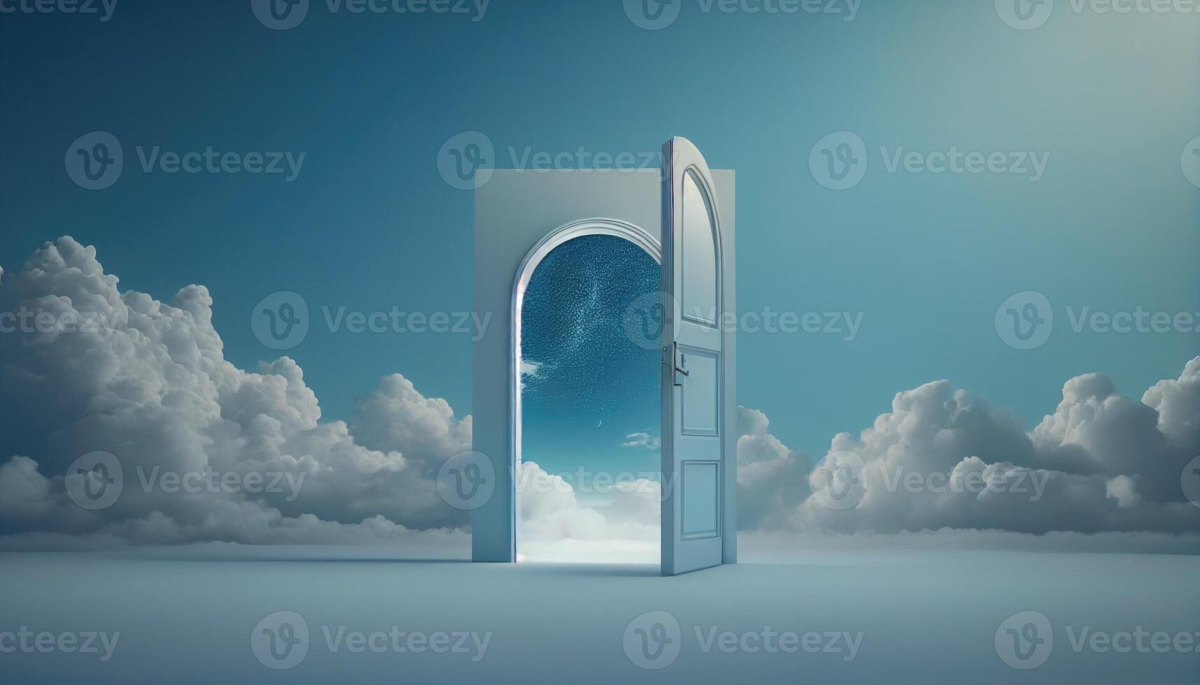 Open door in the sky with clouds. 3D render illustration. photo