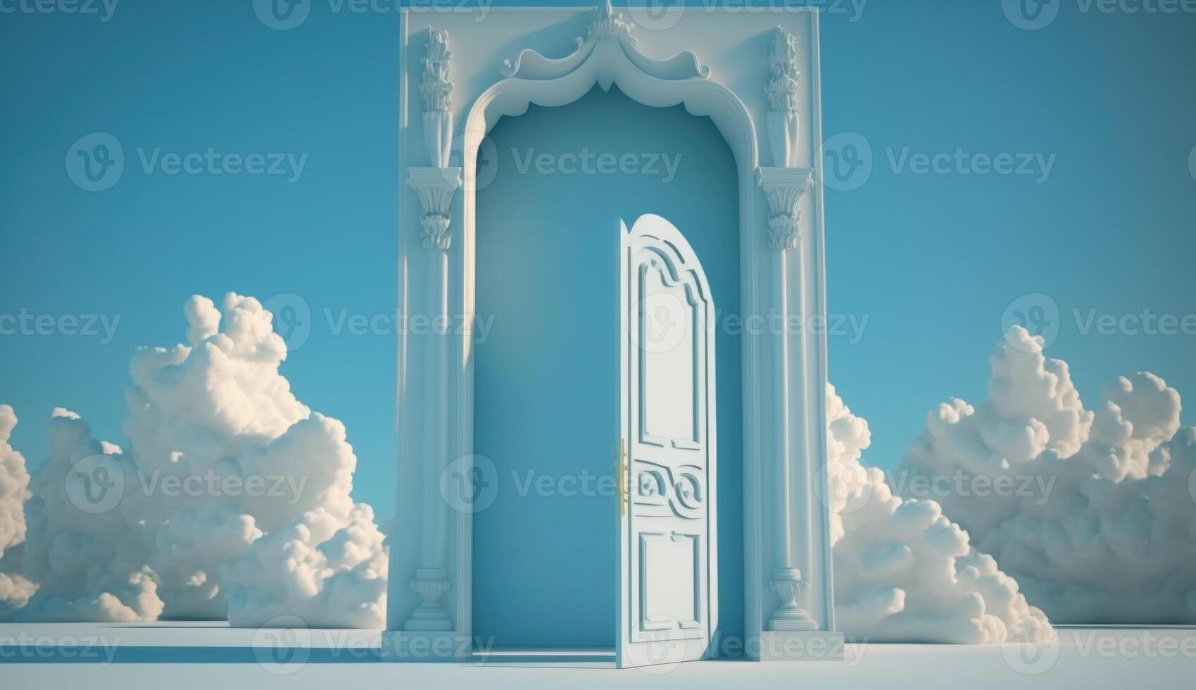 Doorway to heaven with clouds and blue sky. 3D rendering photo