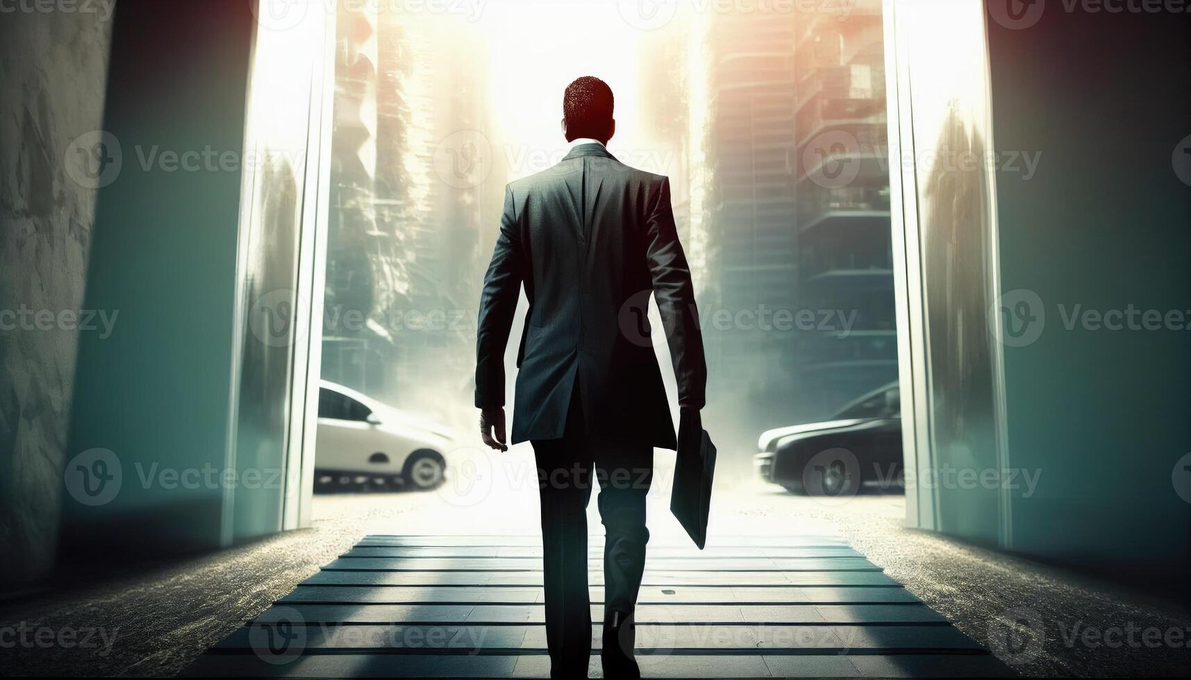 Businessman in front of a modern city background. Mixed media. Mixed media photo