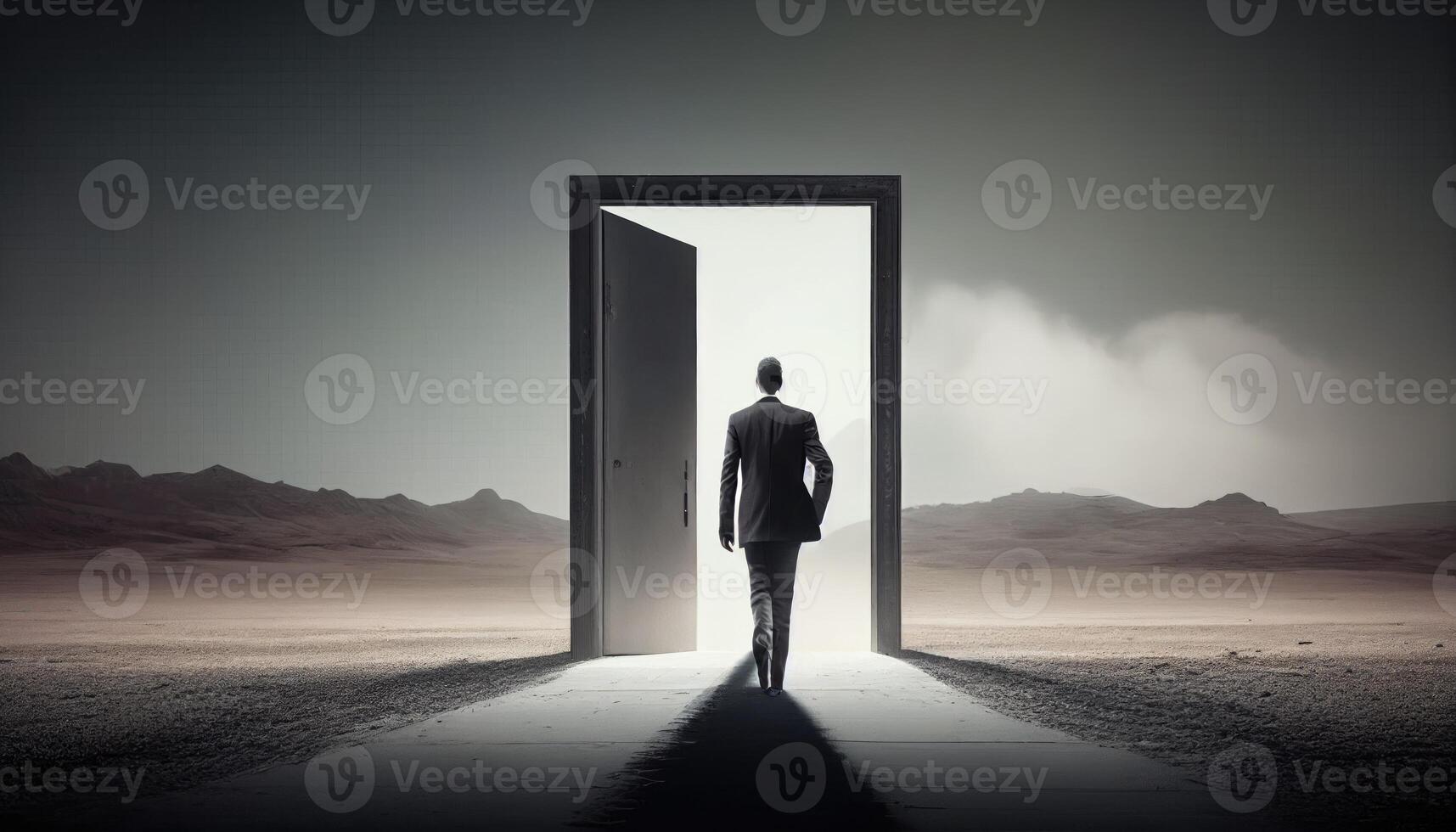 Businessman standing in front of an open door in the middle of the desert photo