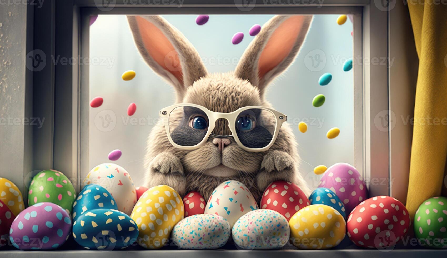 Easter bunny with sunglasses and colorful eggs on window sill. Happy Easter concept. photo