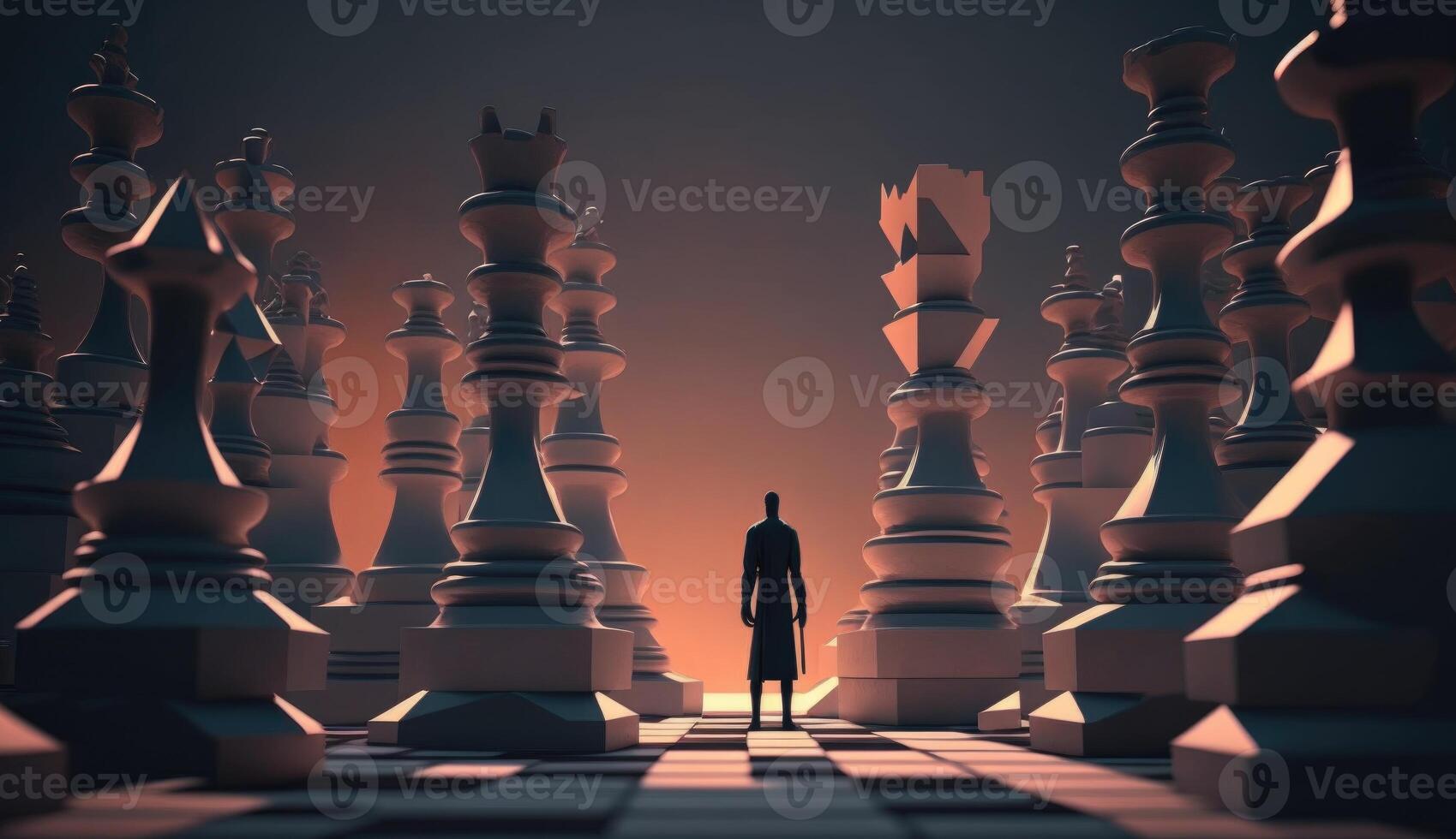 Business man standing in front of a chessboard, 3d rendering photo