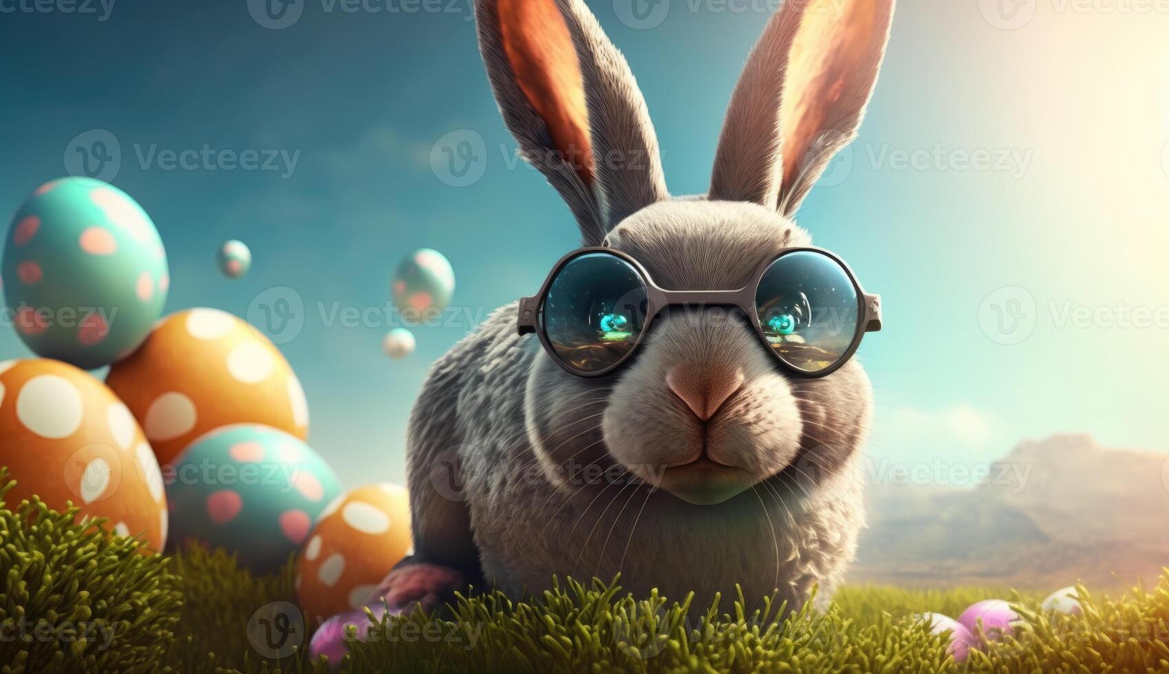 Easter bunny with sunglasses and eggs on green grass. 3d rendering photo