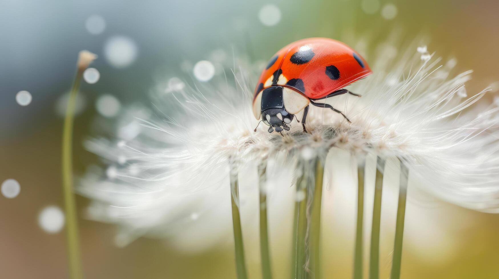 Ladybug on white dandelion. Illustration photo