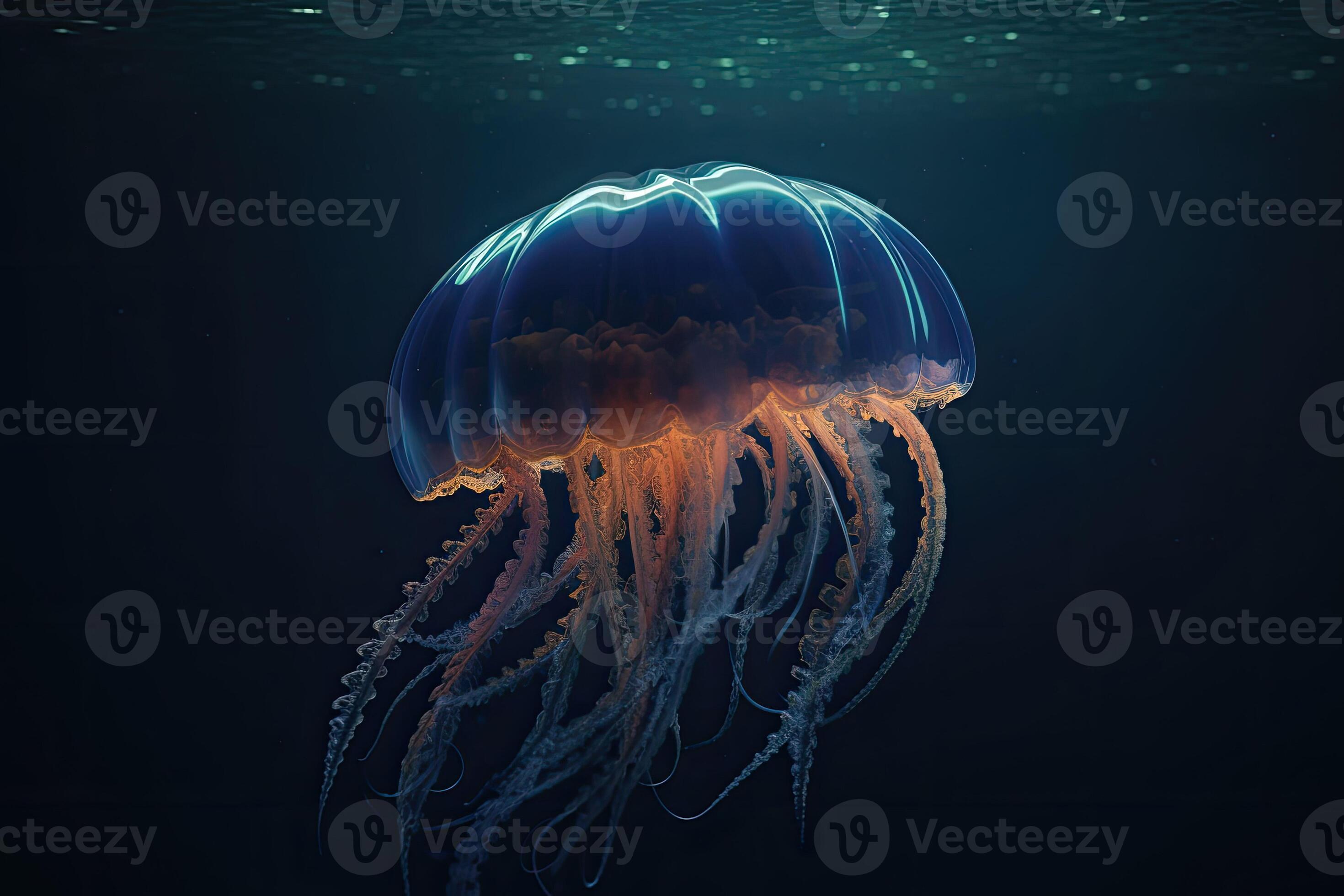 Jellyfishes swimming in the sea. Beautiful illuminated jellyfish