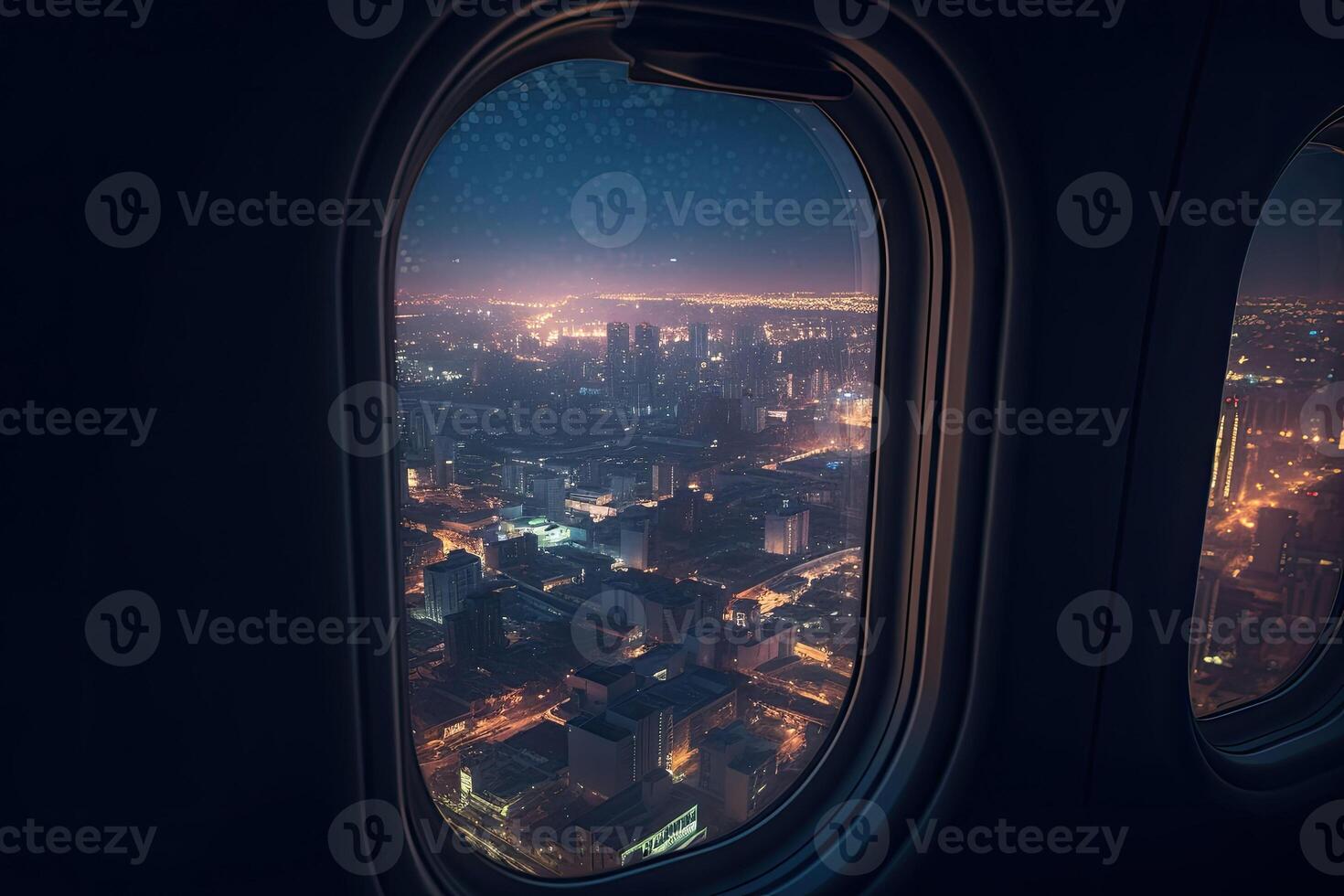 View of the night city from the airplane window. Night cityscape. Travel and tourism concept. photo