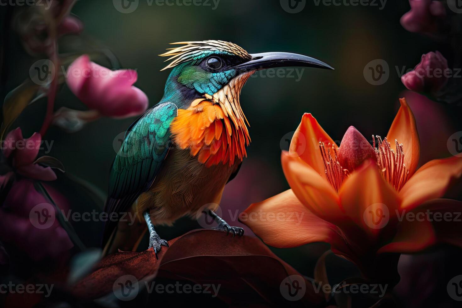 Colored tropical bird and beautiful surreal flowers. photo