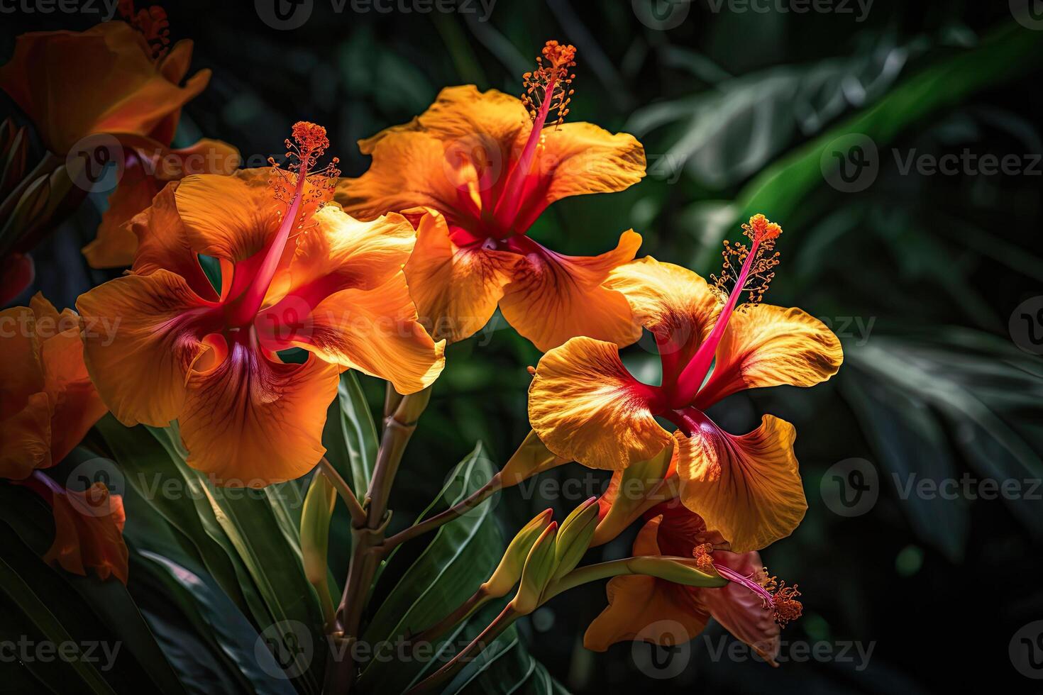 Fantasy exotic tropical flowers. Beautiful jungle floral background. photo