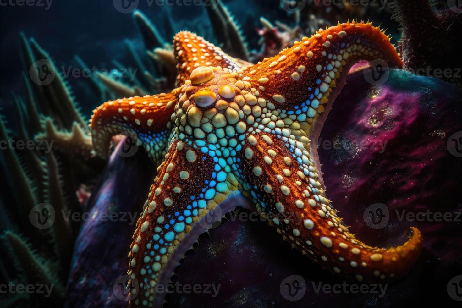Sea star in a reef colorful underwater landscape background. Star fish in tropical seashore. photo
