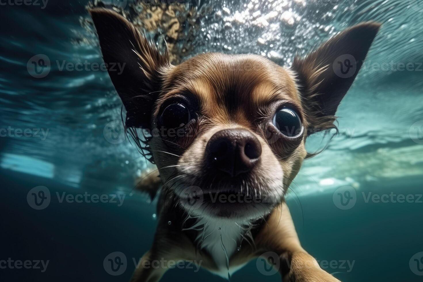 Underwater funny photo of a chihuahua, dive deep down. Summer vacation with pet. Closeup underwater photo of a dog. illustration
