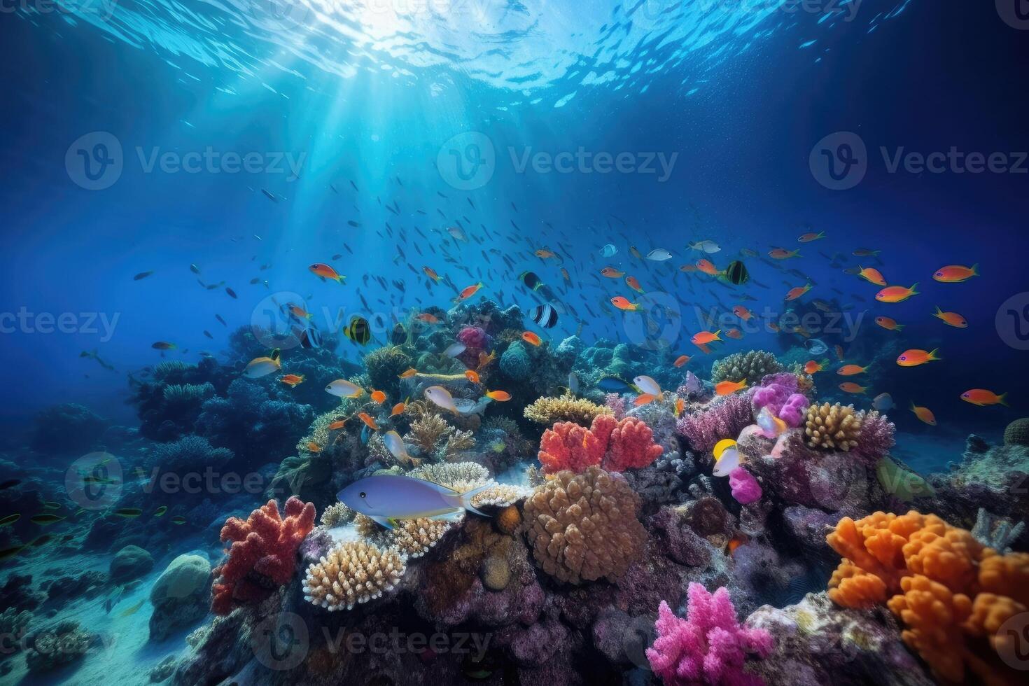 Animals of the underwater world with sun rays. Coral reef and fish ...
