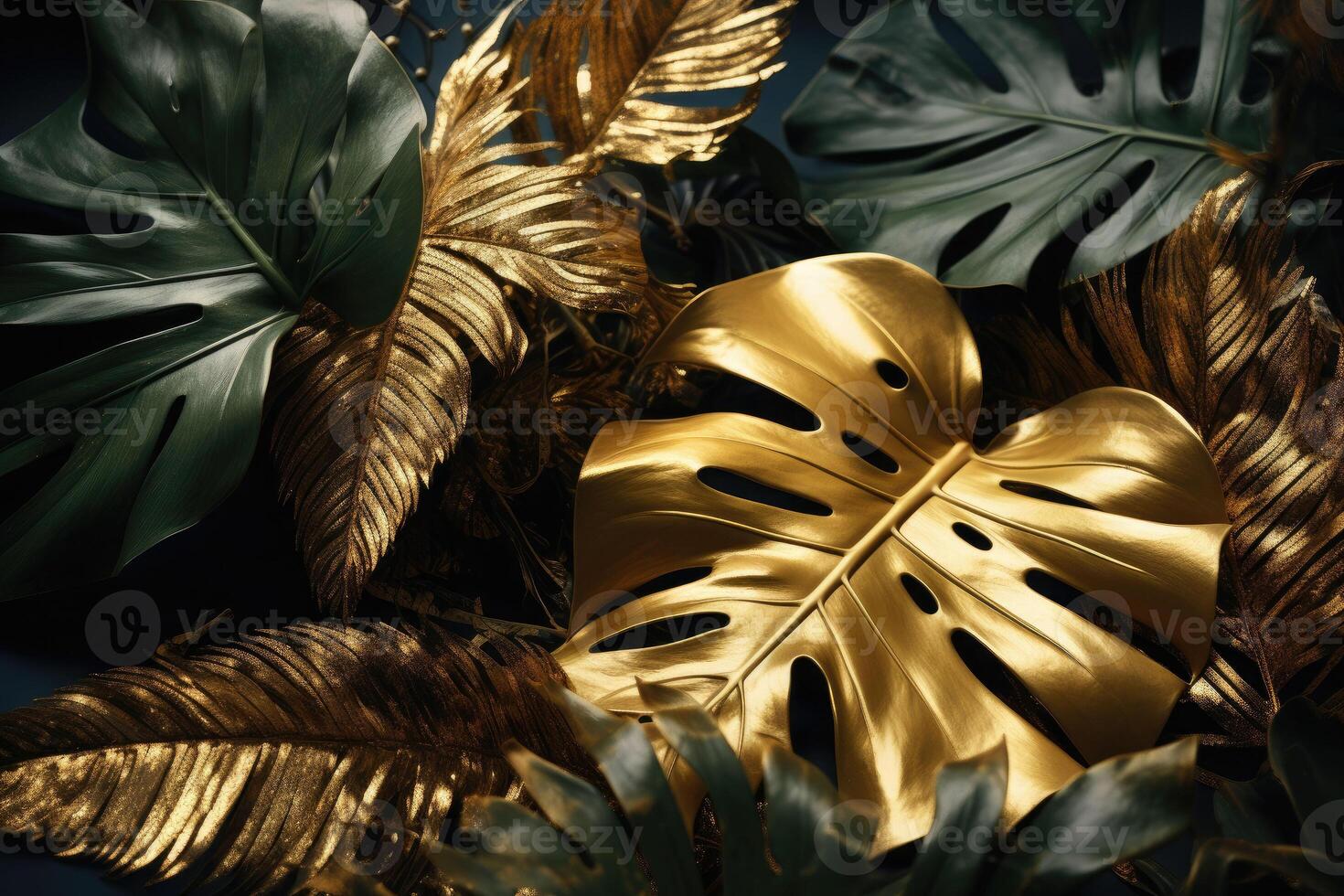 Green and gold tropical palm leaves. Nature spring concept. Minimal abstract jungle or forest pattern. photo