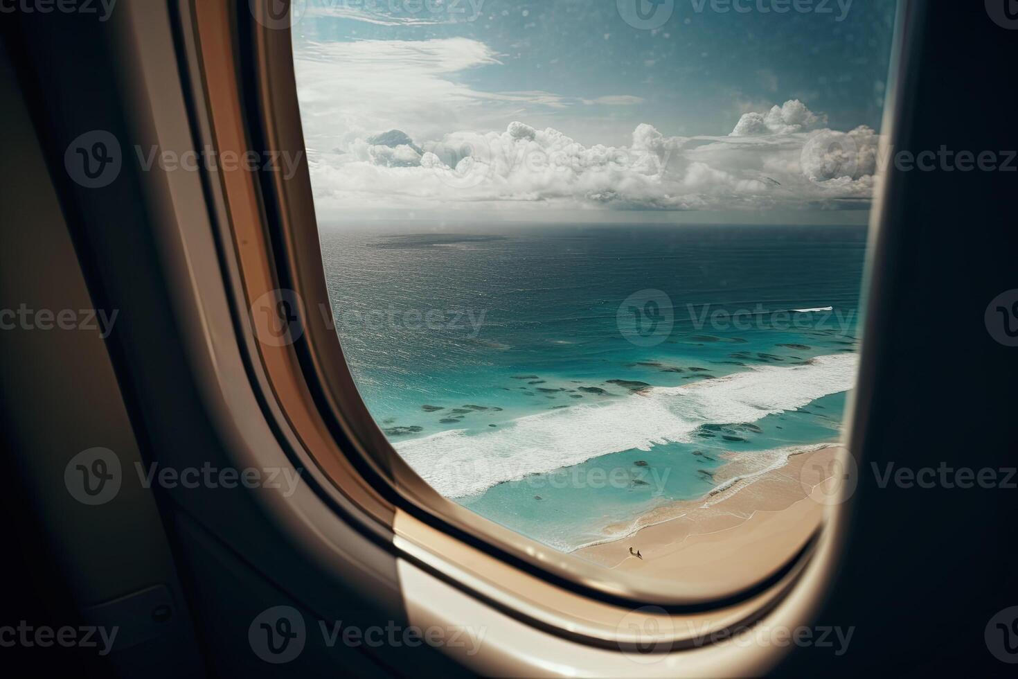 View of the beach and sea the airplane window. Travel and tourism concept. photo