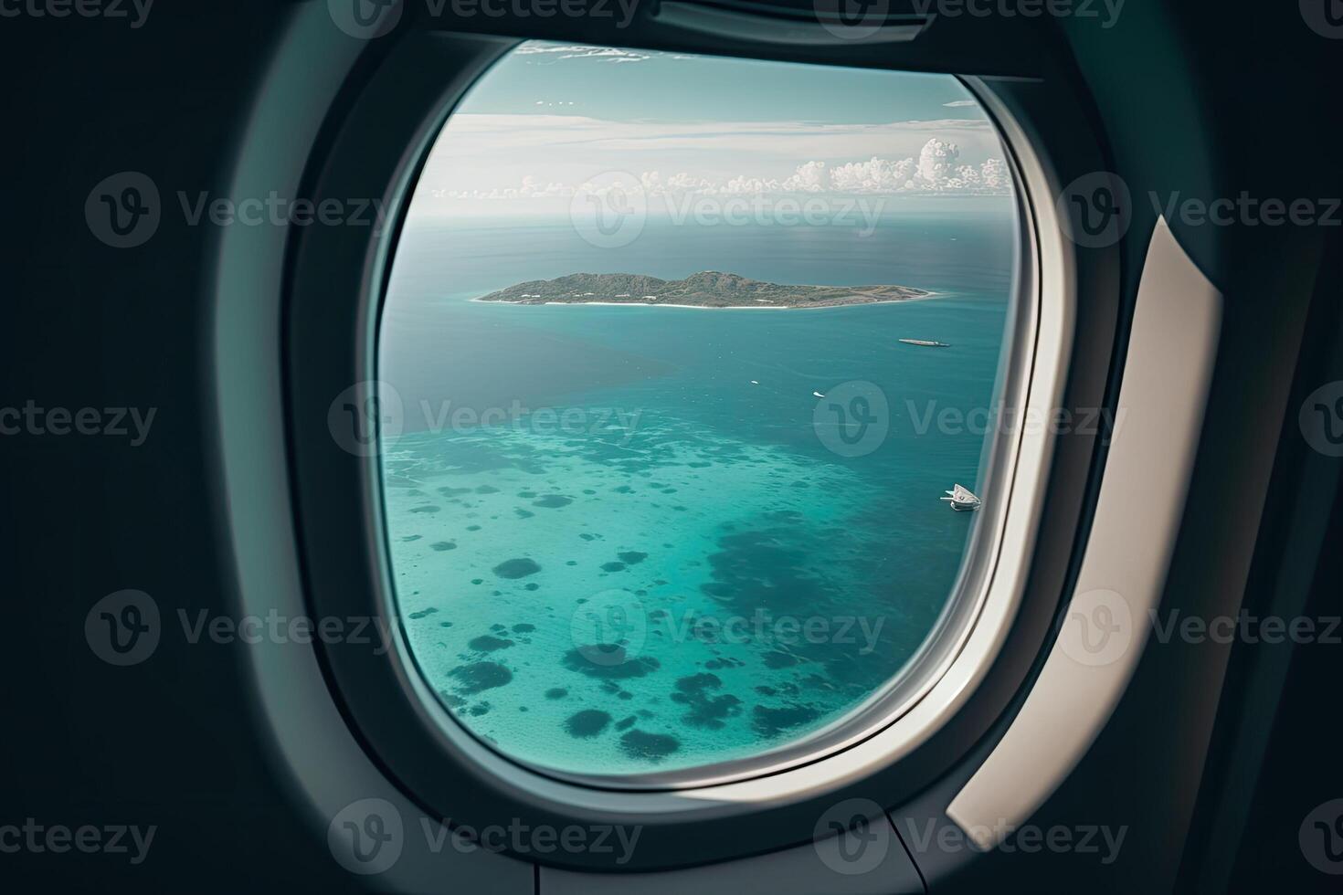 View of the beach and sea the airplane window. Travel and tourism concept. photo