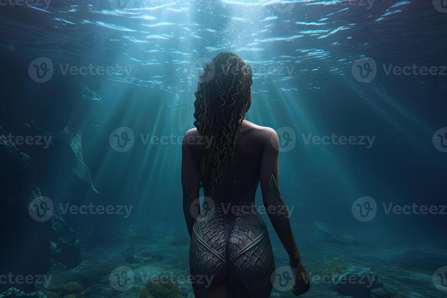 A black-skinned mermaid with dark hair floating under the water. photo