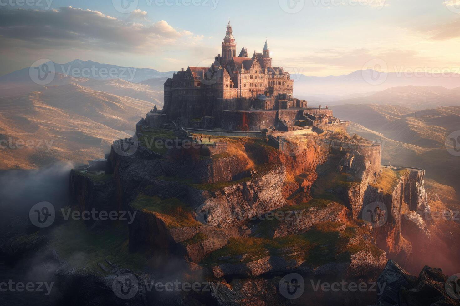Mysterious castle. An imposing medieval castle set in fantasy landscapes or on a mountain top. photo