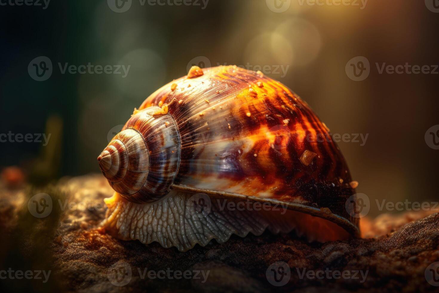 The snail at the forest. Shell on the tree. Green ecology background. photo