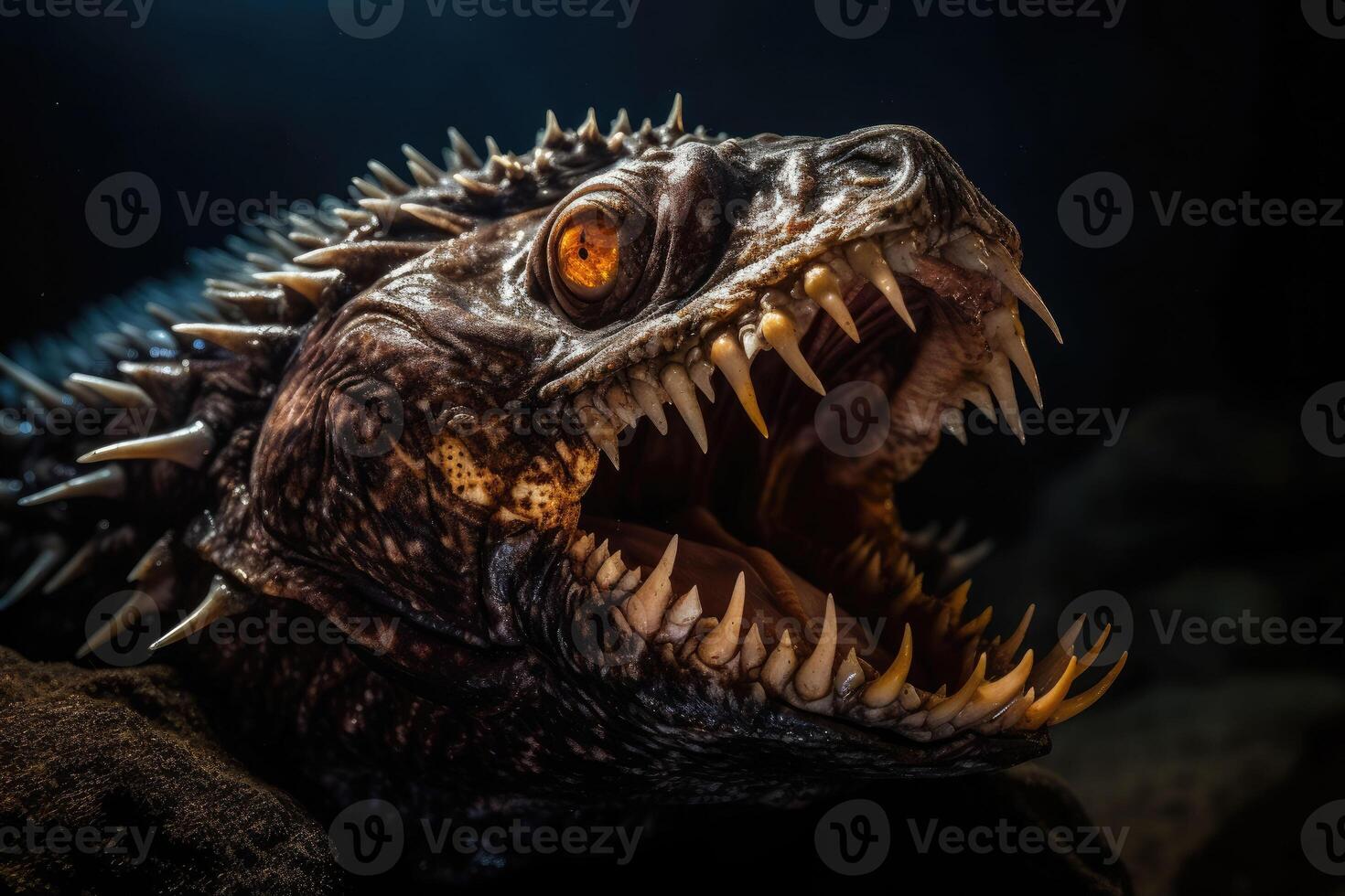 Deep-water fish at the very bottom of the ocean. A scary fish with big teeth. Underwater world. photo