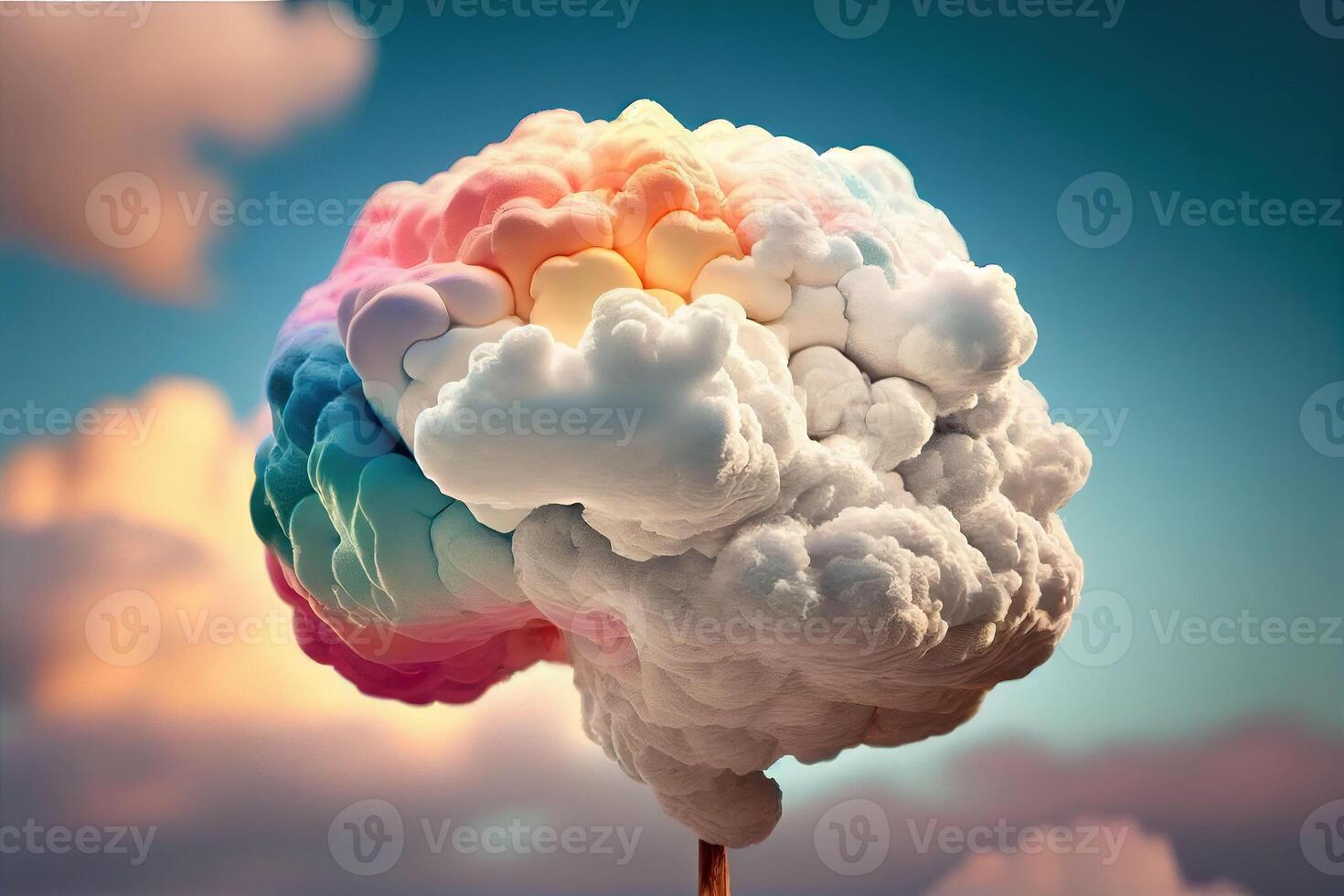 Realistic rainbow brain from clouds. The creative and logical parts of a person work together. photo