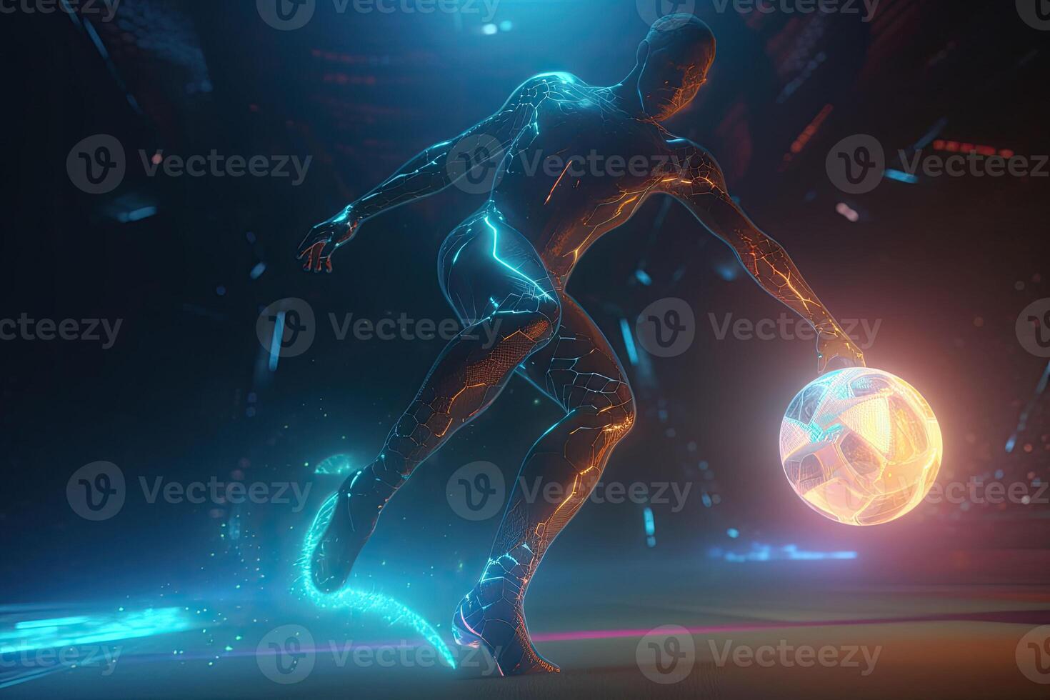 The robot plays football. A futuristic robot soccer player playing with a glowing soccer ball. photo