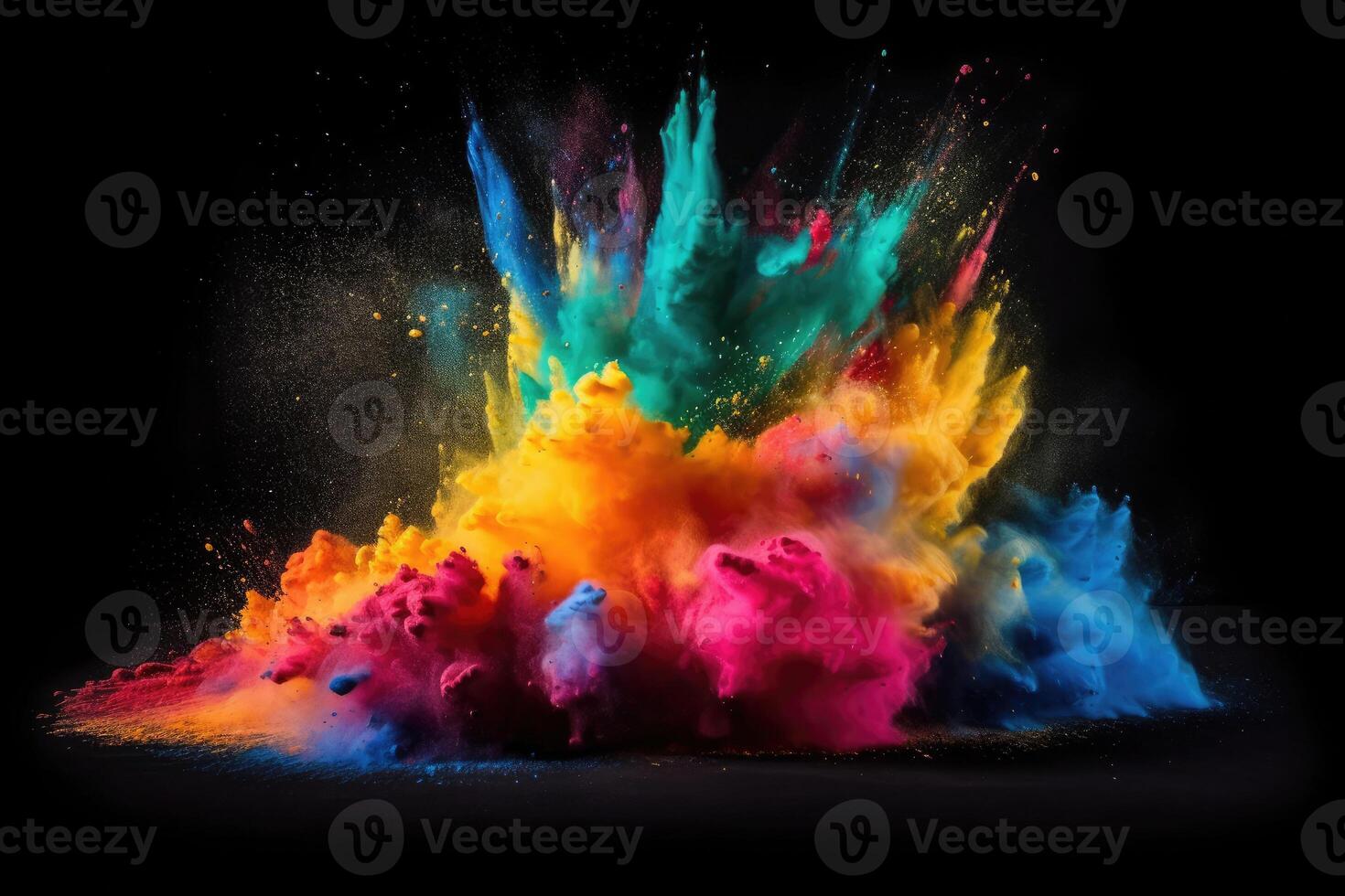 Colorful rainbow holi paint color powder explosion on dark black background. photo