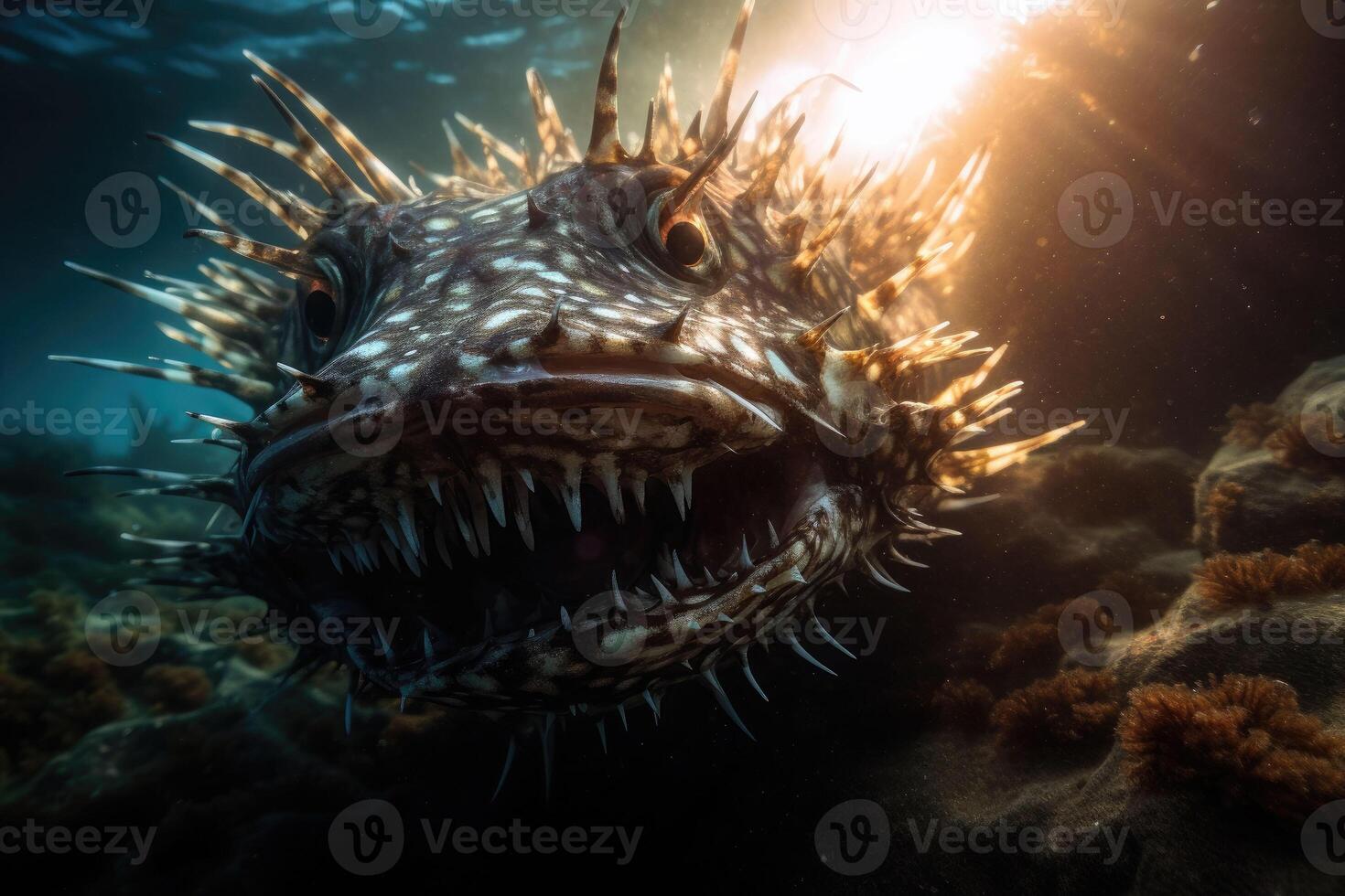 Deep-water fish at the very bottom of the ocean. A scary fish with big teeth. Underwater world. photo
