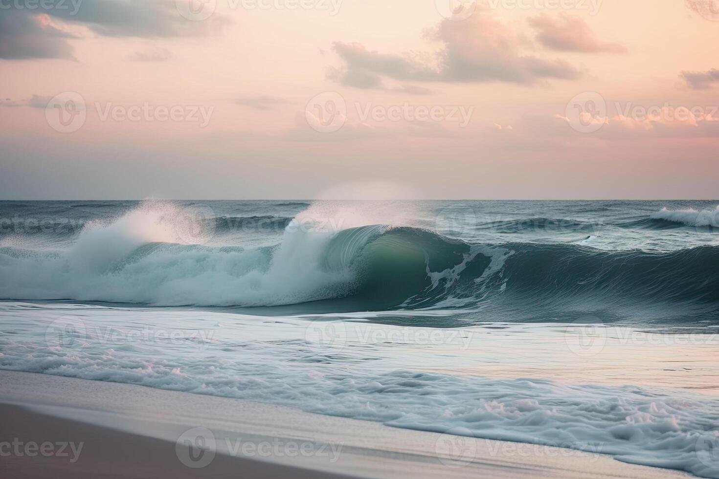 Sea waves on the beach in the morning. Beautiful seascape in pastel colors. photo