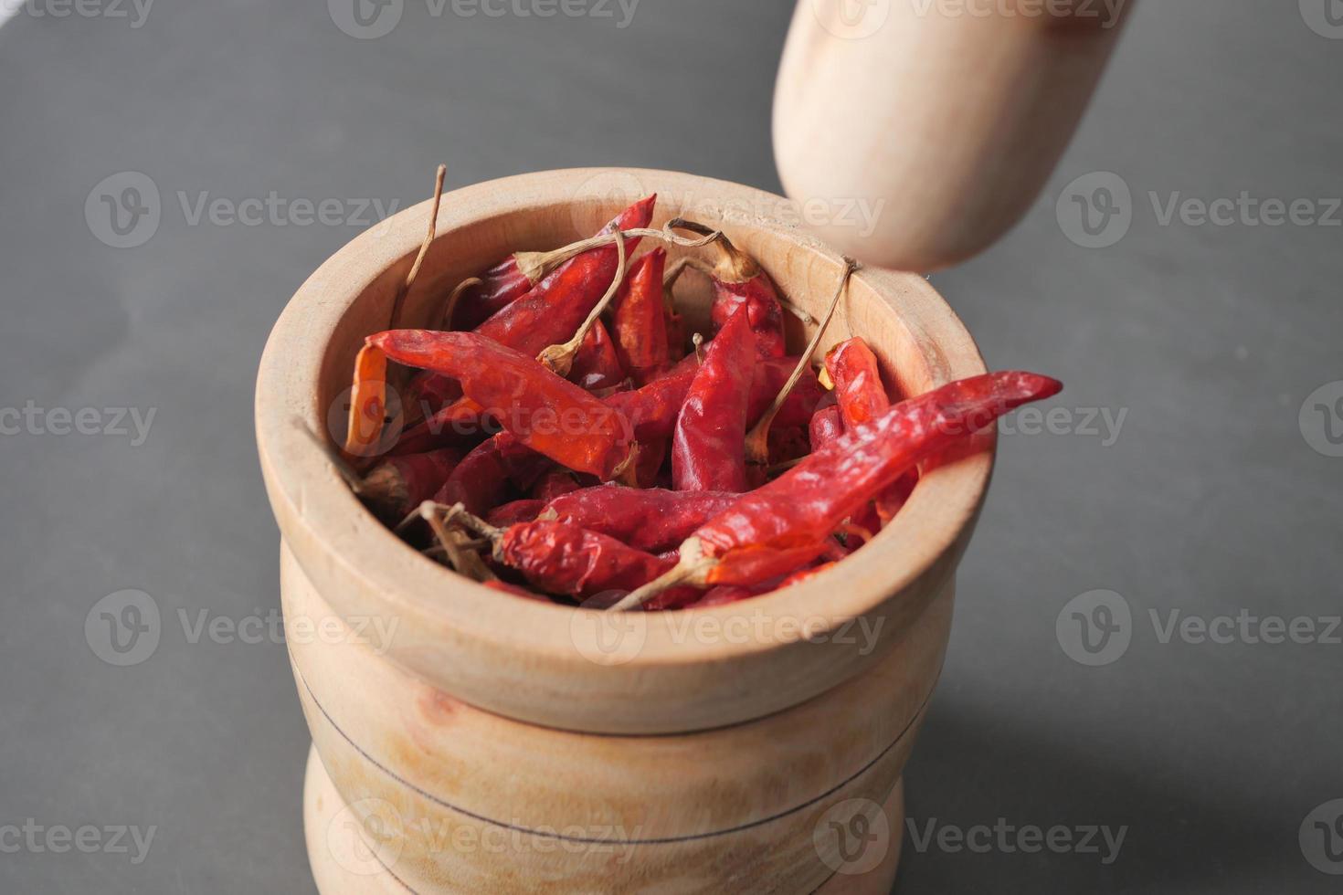 precessing chili flakes in a bowl on table photo