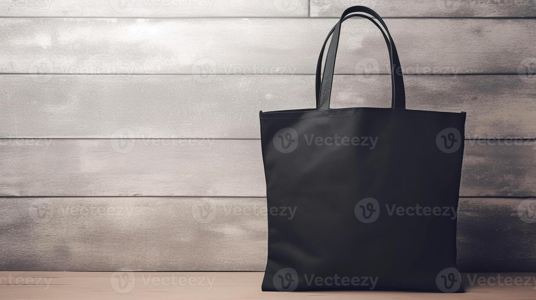 , Realistic black tote canvas fabric bag set-up in at interior or outdoor, shopper mock up blank. photo