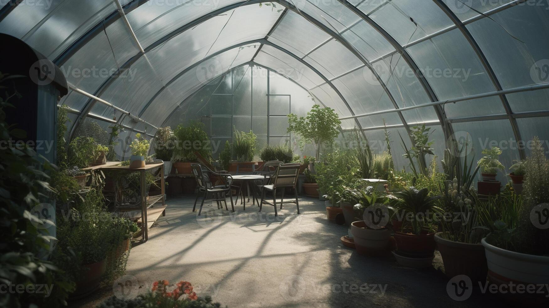 , Green house from the glass, tent-glass garden with a lot of plants. Photorealistic effect. photo