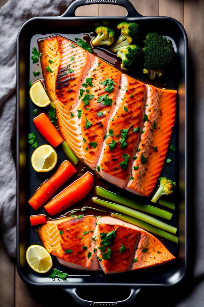 Baked salmon with roasted side vegetable 22815348 Stock Photo at Vecteezy