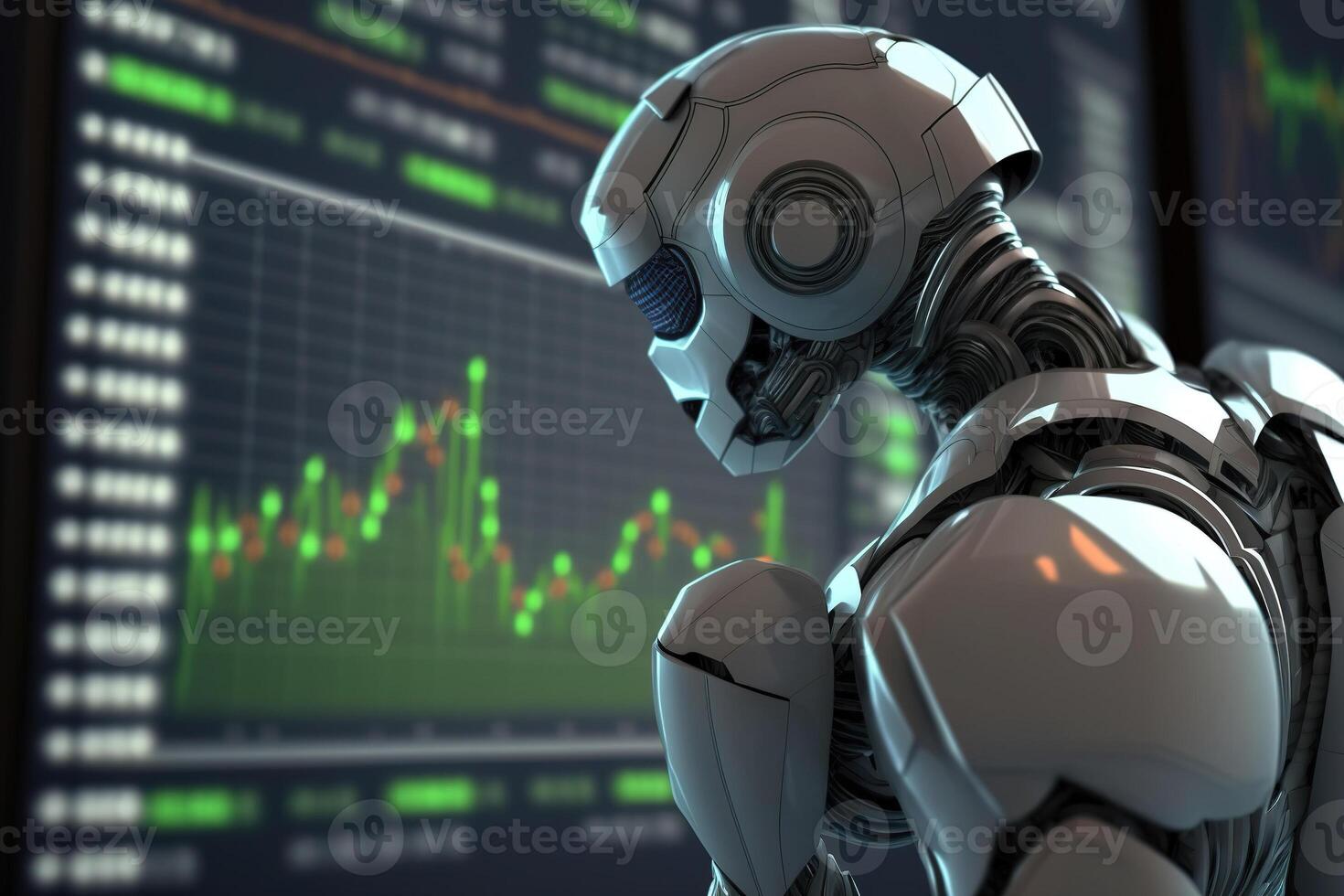 Humanoid robot using artificial intelligence to analyze stock market trading data. photo