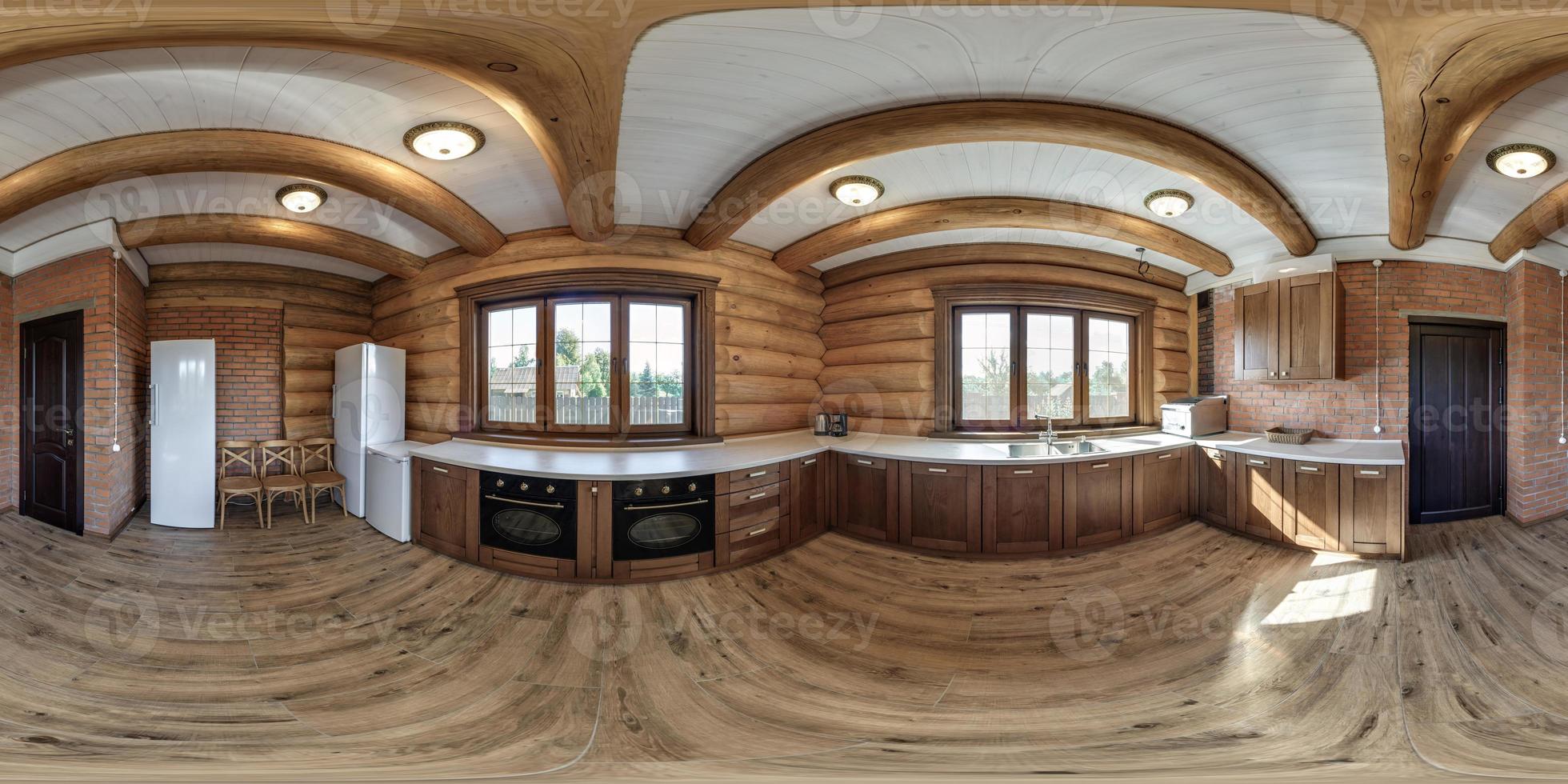 full seamless spherical hdri 360 panorama view in interior of kitchen in eco village vacation home with wooden rafter ceiling in equirectangular spherical  projection. photo