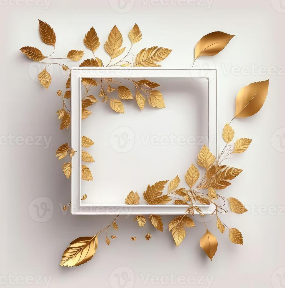 White square frame with golden leaves. photo
