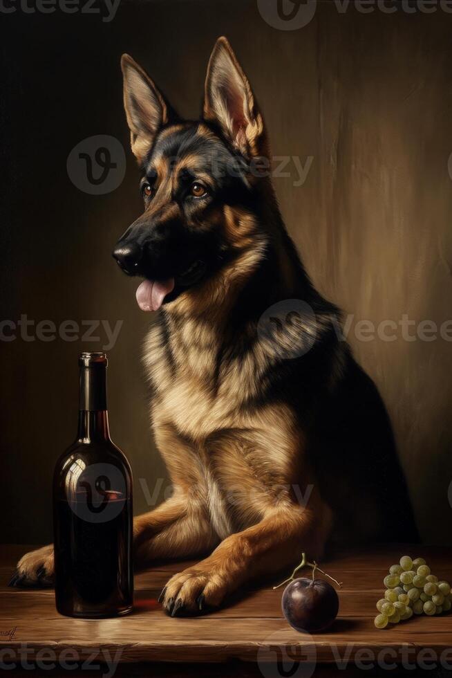An oil painting of dog with beer bottle and fruits photo
