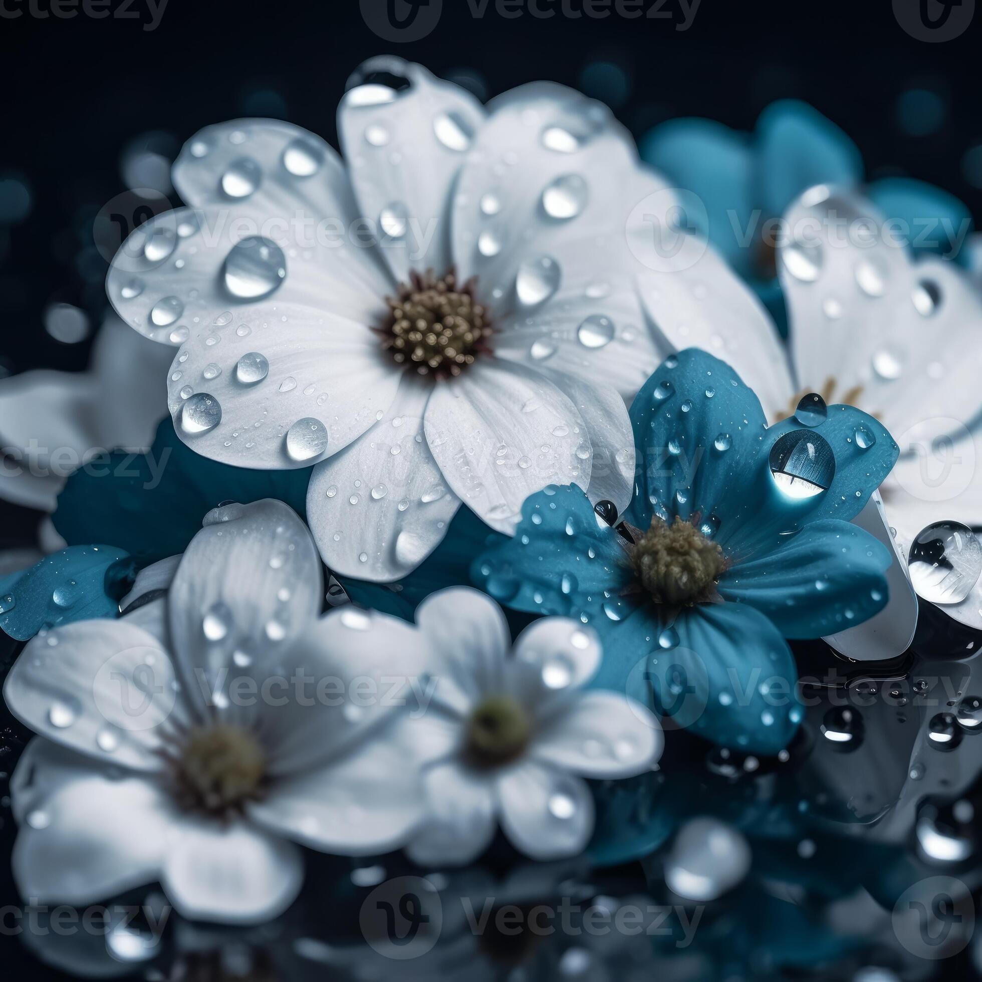 beautiful wet white flowers with blue background 22815453 Stock Photo