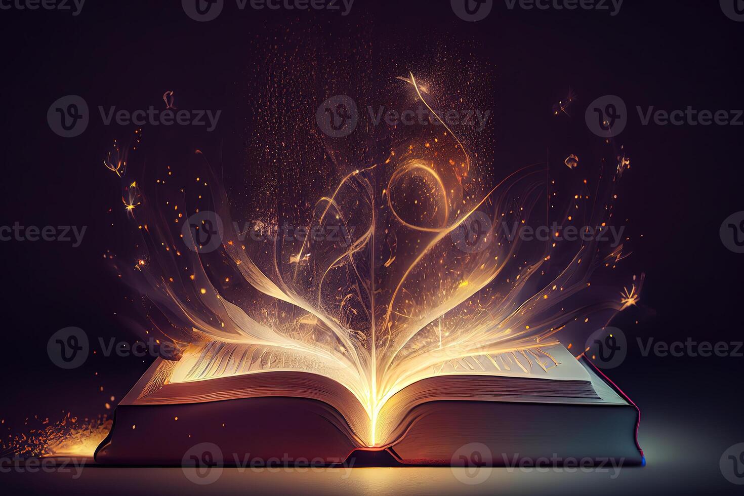 Open magic book with light coming out. photo