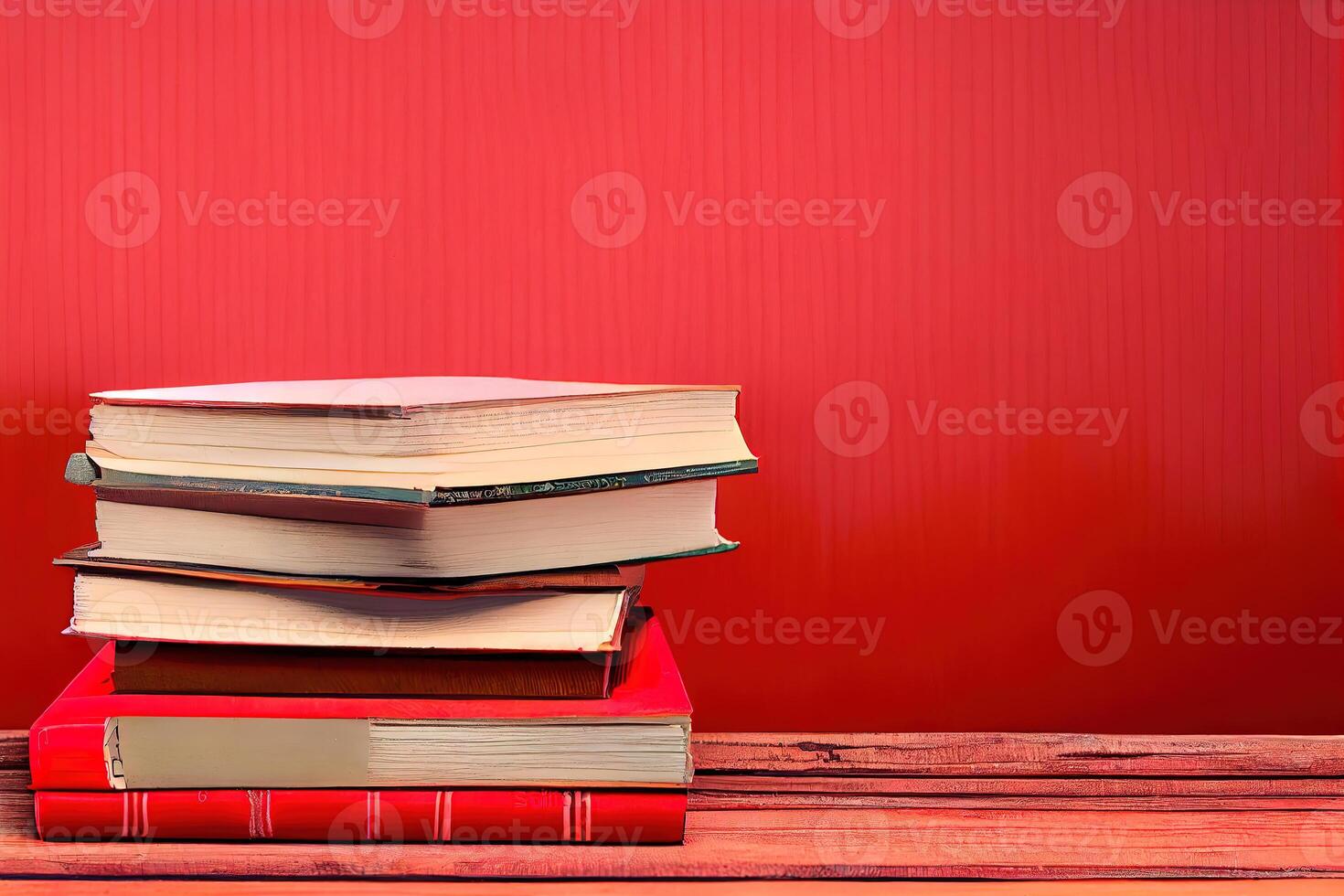 A stack of hardcover books. photo