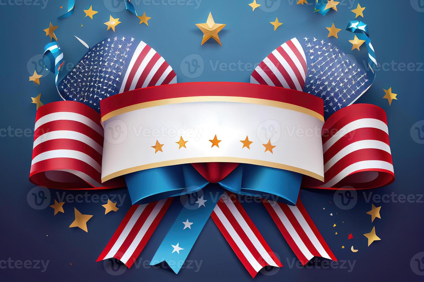 Happy labor day, American flags and confetti stars on blue background. photo