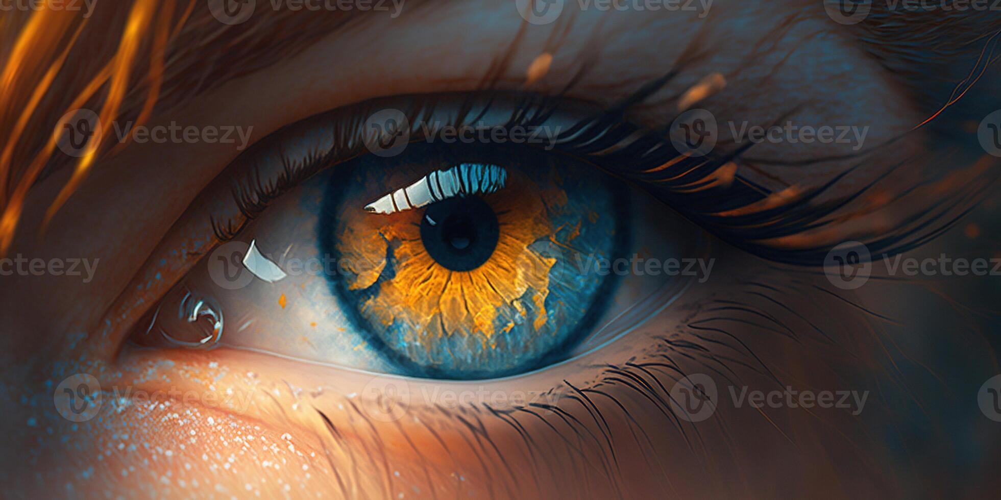 hermosa hembra azul ojo en un naranja ardiente tono. largo pestañas y un rizo de ardiente cabello. ai generado. foto