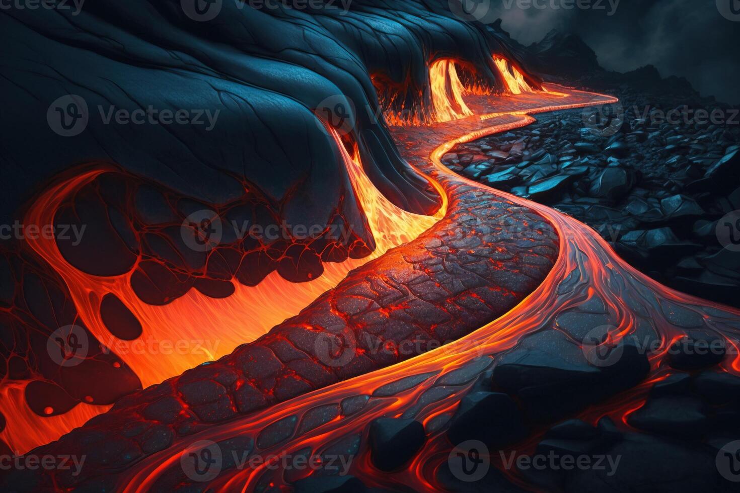 Fiery burning lava flows down the mountain. Natural element. . photo