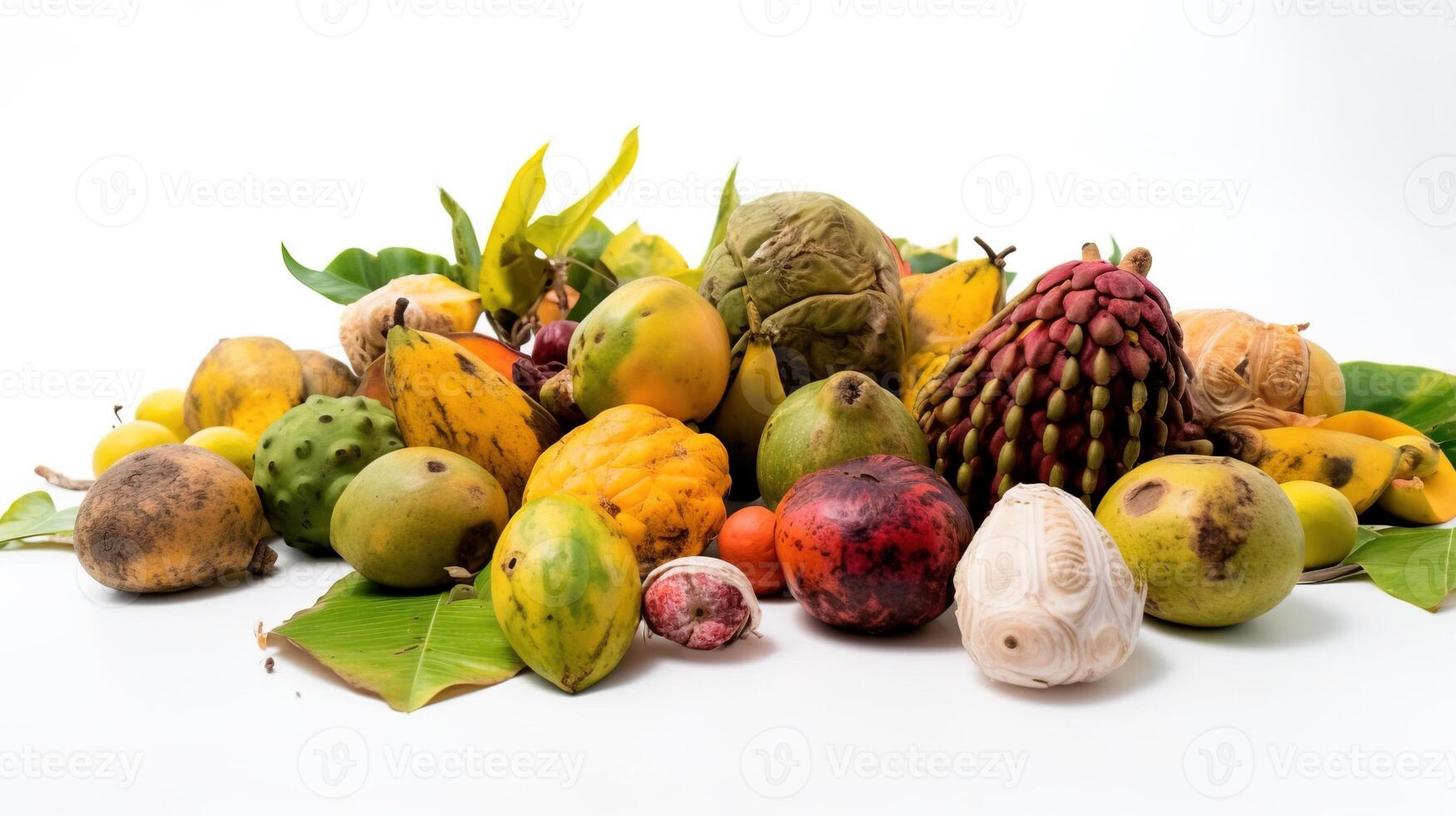 Assorted exotic tropical vegetables on white background isolate. Farm products for the store. . photo