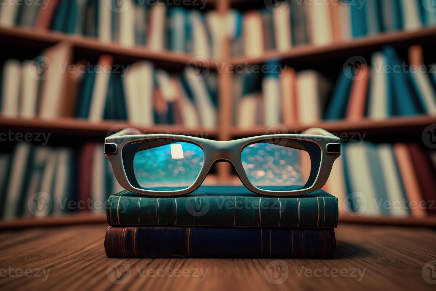 The glasses are on a stack of books on a table in the library. Reading scientific or artistic books. . photo