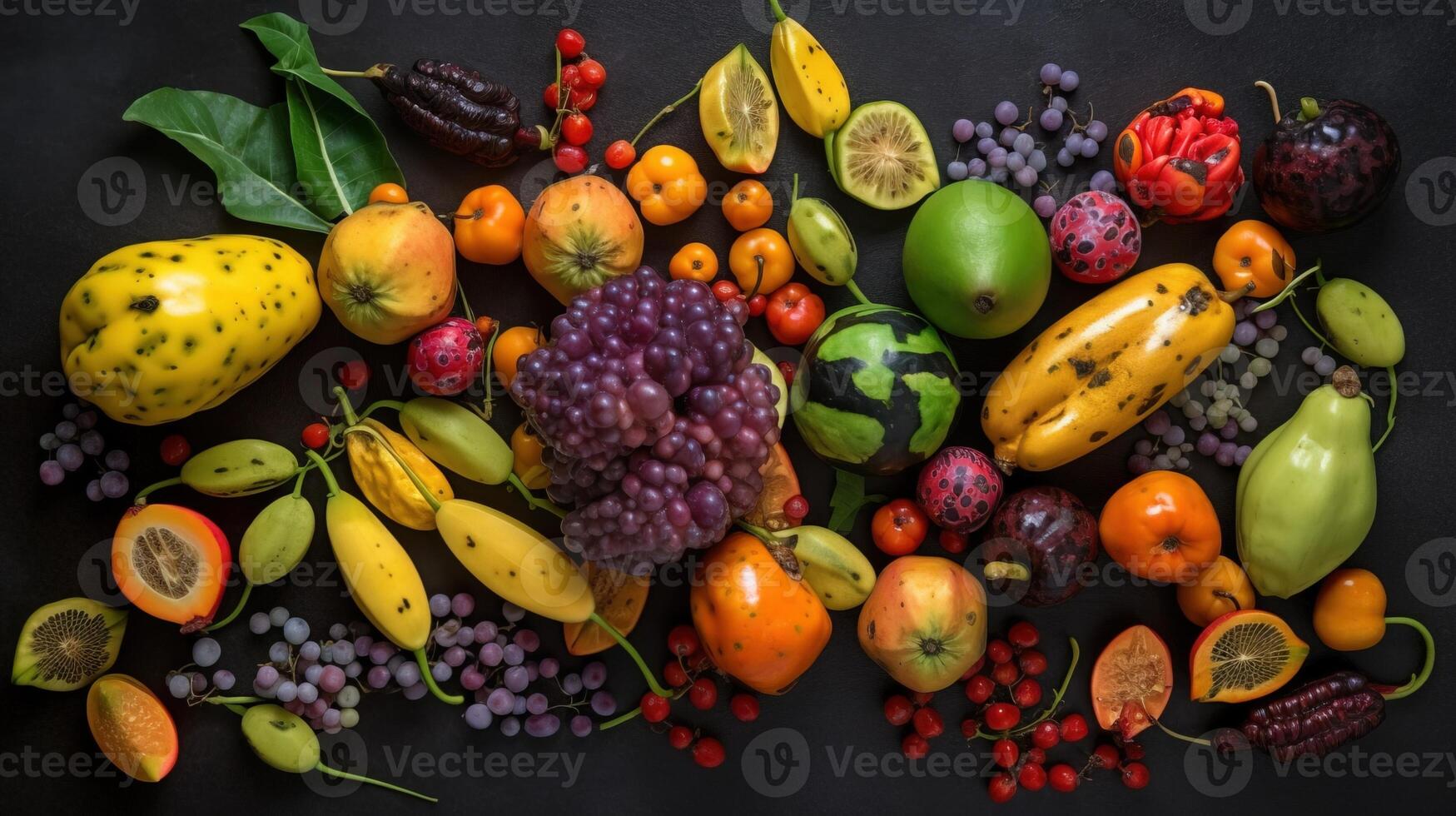 clasificado exótico tropical vegetales en negro antecedentes aislar. granja productos para el almacenar. ai generado. foto