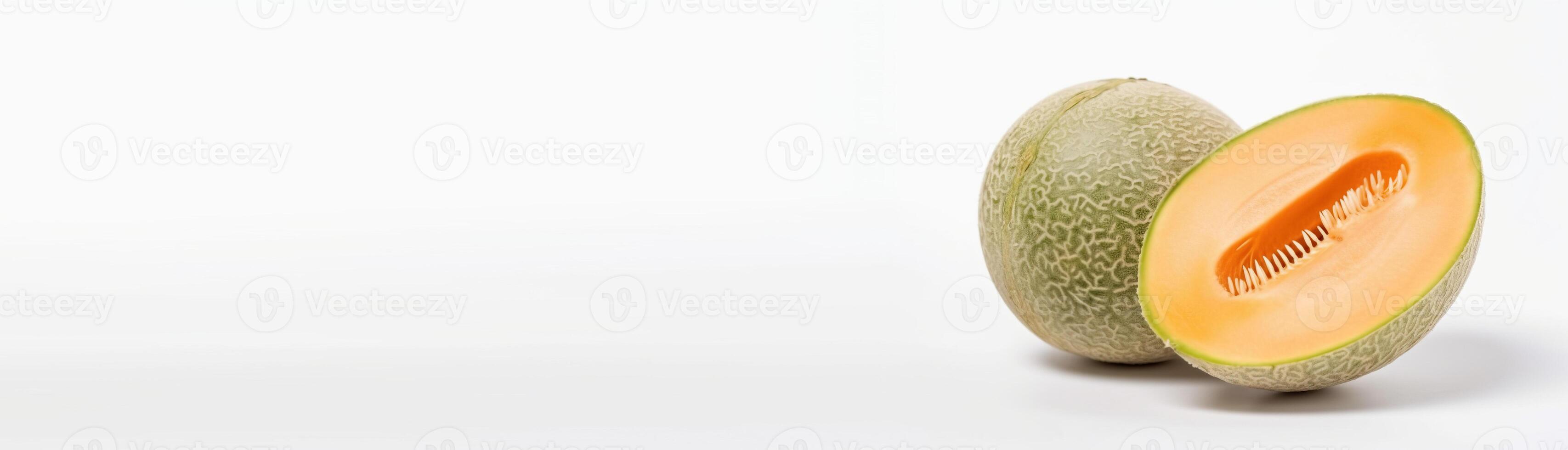Fresh Cantaloupe Yubari King cut on a white background, macro. . Header banner mockup with space. photo