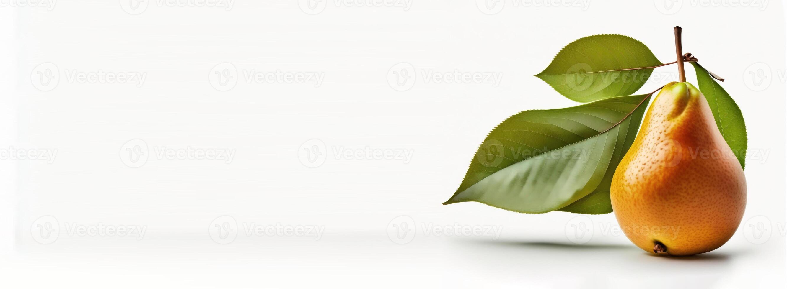 Ripe pear with a leaf, isolate on a white background. Macro studio shot. . Header banner mockup with space. photo