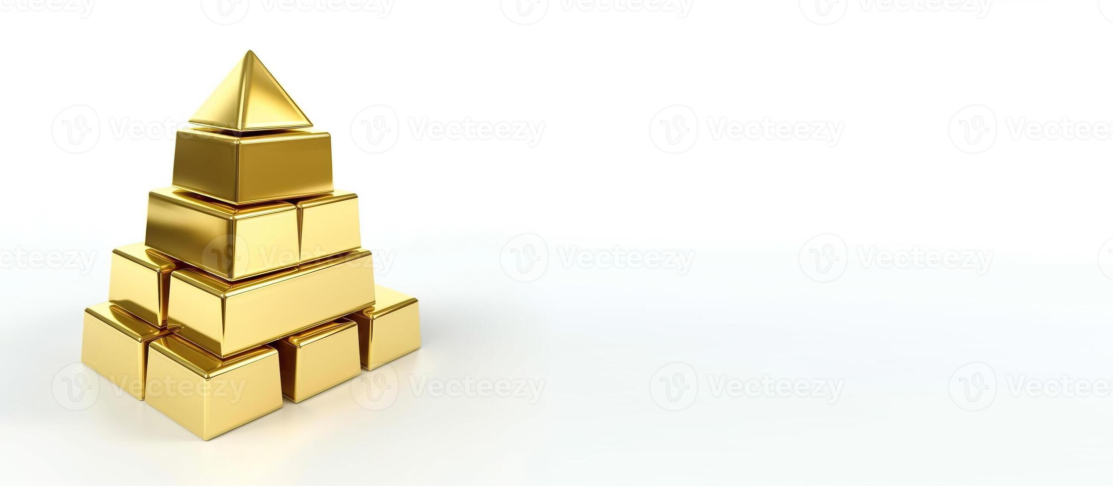 Gold bars stacked in a pyramid on a white background. Header banner mockup with space. . photo