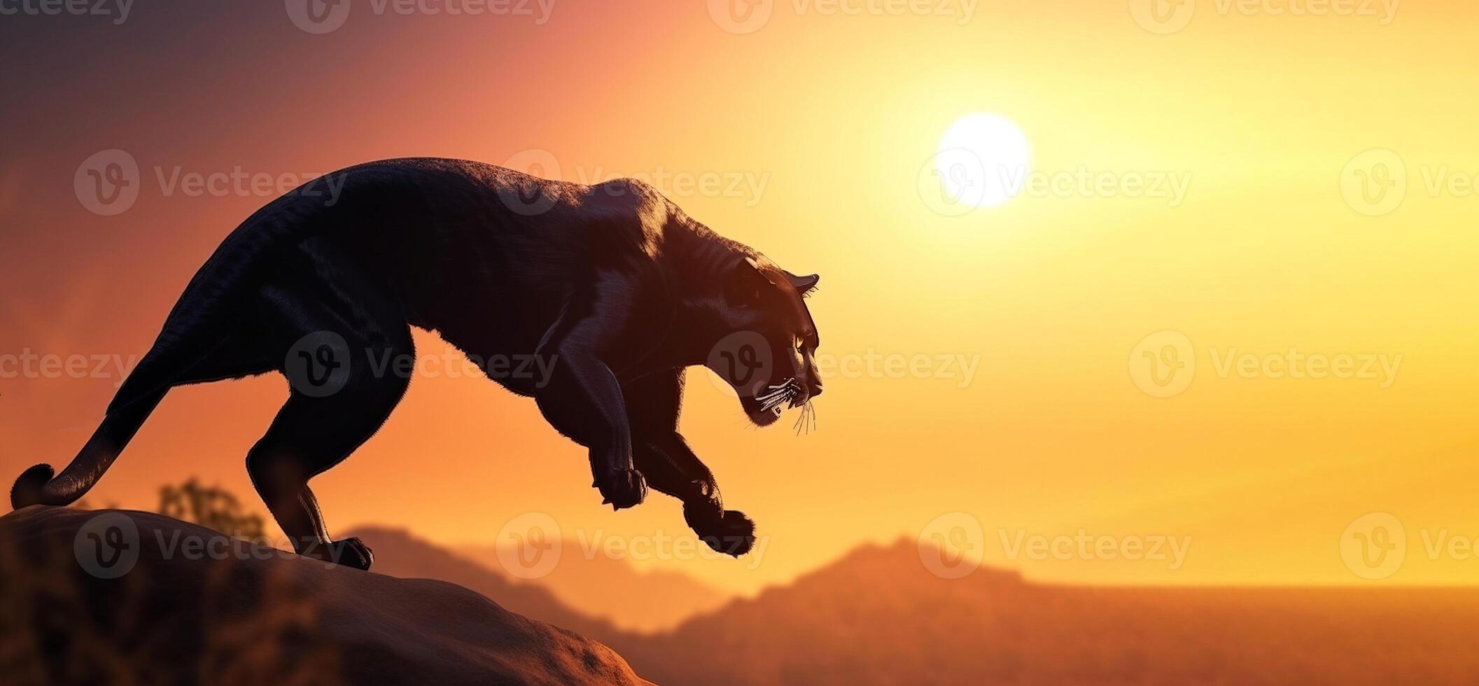 Panther on the hunt in a jump on the day of Africa against the backdrop of the rising sun. . photo